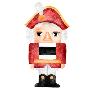Watercolor drawing of a nutcracker in a red uniform. Isolate on a white Stock Illustration
