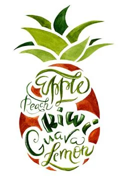 Watercolor drawing of a pineapple. Lettering Stock Illustration