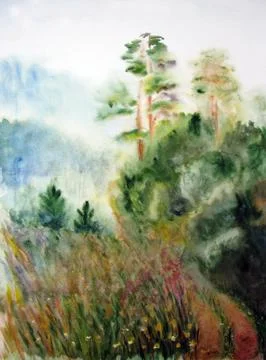 Watercolor drawing two pine trees and blooming meadow on a blurred background Stock Illustration