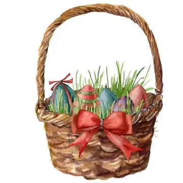 Watercolor easter basket with eggs. Hand painted basket with green, red, blue Illustrazione stock