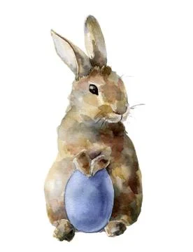 Watercolor Easter bunny with colored egg. Hand painted card with traditional Stock Illustration