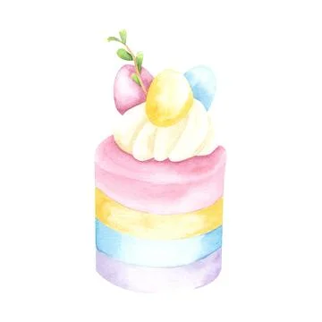 Watercolor easter cake with easter eggs, traditional holiday design happy menu Stock Illustration