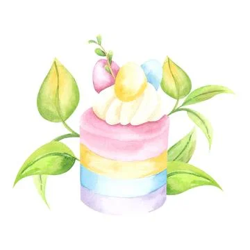 Watercolor easter cake with easter eggs, traditional holiday design happy menu Stock Illustration