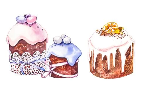 Watercolor easter cake. Hand draw watercolor illustrations on white background Stock Illustration