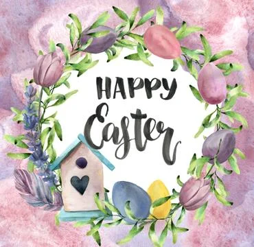 Watercolor easter card with abstract background. Watercolor spring wreath with Stock Illustration