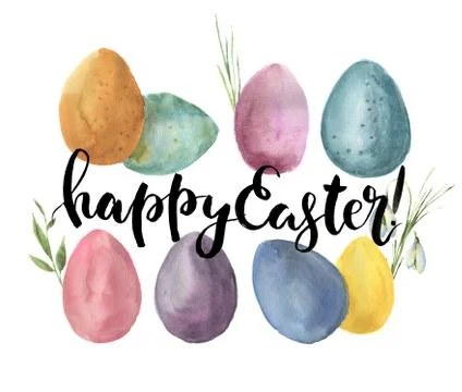 Watercolor easter card with colored eggs. Hand painted print with traditional Stock Illustration