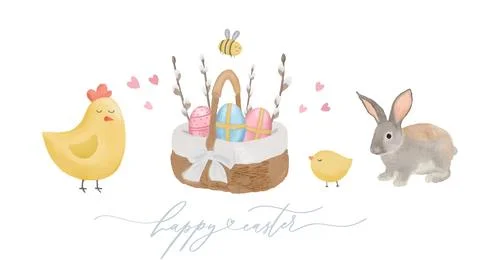 Watercolor Easter card. Easter cake, cart, egg, bee, flower and rabbit on a w Stock Illustration