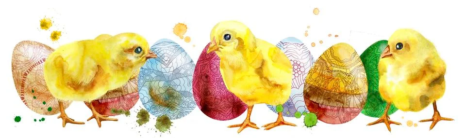 Watercolor Easter colored eggs and chickens. Stock Illustration