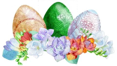 Watercolor Easter colored eggs with freesia and grass. Ilustración de archivo