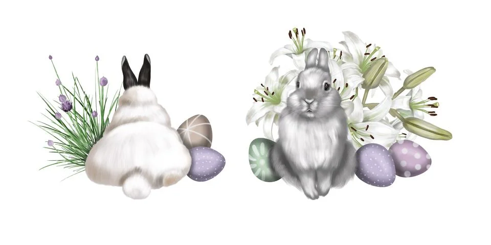 Watercolor Easter composition. rabbits, Easter eggs and flowers Illustrazione stock