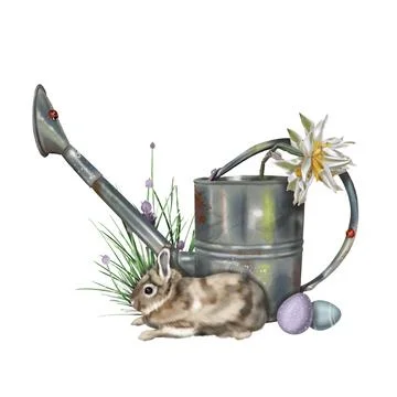 Watercolor Easter composition. rabbits, Easter eggs and flowers Illustrazione stock