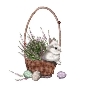 Watercolor Easter composition. rabbits, Easter eggs and flowers Illustrazione stock