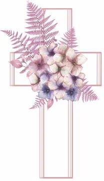 Watercolor Easter Cross Clipart, Hydrangea Flowers Frame Clip art, Pink Stock Illustration