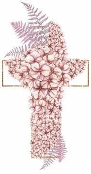 Watercolor Easter Cross Clipart, Hydrangea Flowers Frame Clip art, Pink Stock Illustration