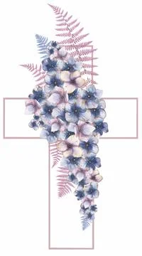 Watercolor Easter Cross Clipart, Hydrangea Flowers Frame Clip art, Blue Stock Illustration