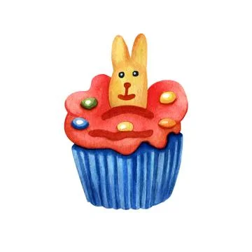 Watercolor Easter cupcake decorated with a rabbit biscuit. Stock Illustration