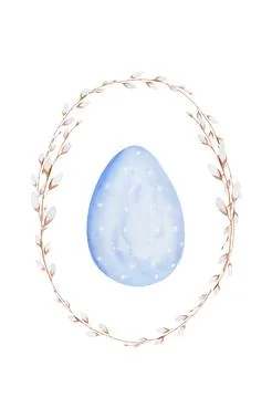 Watercolor Easter drawing card template with a blue pastel colored egg in a Stock Illustration
