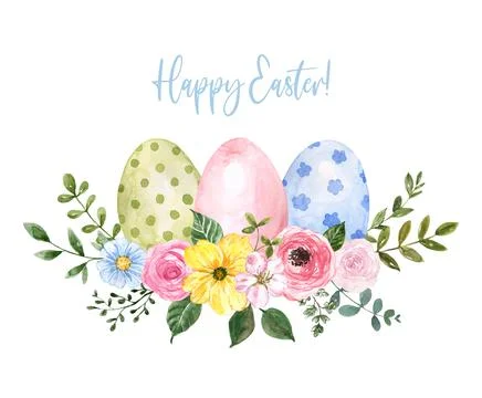 Watercolor Easter egg wreath. Colored pastel eggs and pretty spring flowers Stock Illustration