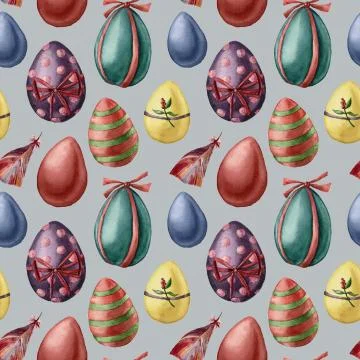 Watercolor easter eggs and feather pattern. Hand painted colored eggs with decor Stock Illustration