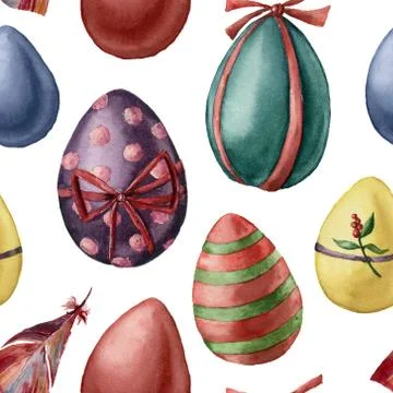Watercolor easter eggs pattern. Hand painted feather and colored eggs with decor イラスト素材