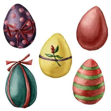 Watercolor Easter eggs set. Hand painted bright eggs with decor: stripes, bows Stock Illustration