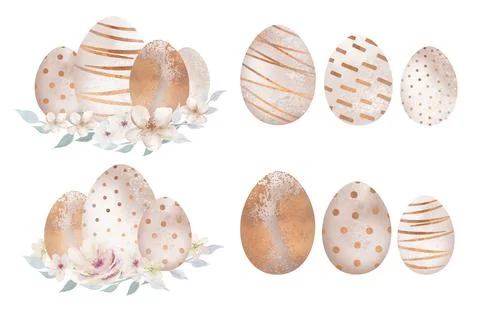 Watercolor Easter Gold egg design groups with flowers and leaves, Watercolour Stock Illustration