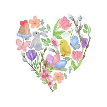 Watercolor Easter heart composition for making greeting cards, invitations Illustrazione stock