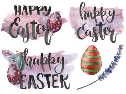 Watercolor easter label with abstract background and lavender. Hand painted Stock Illustration