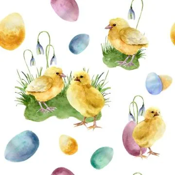 Watercolor easter pattern with chick. Holiday ornament with birds, colored eggs Stock Illustration