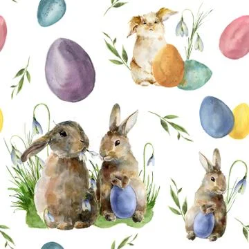 Watercolor easter pattern with rabbit and egg. Holiday ornament with bunny Stock Illustration