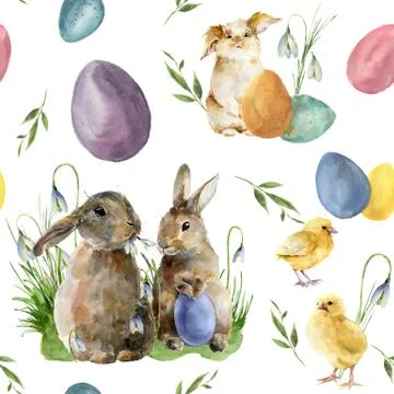 Watercolor easter pattern with rabbit and chick. Holiday ornament with bunny Stock Illustration