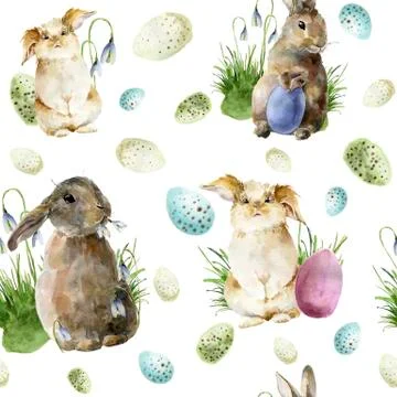 Watercolor easter pattern with rabbit. Holiday ornament with bunny, colored eggs Stock Illustration