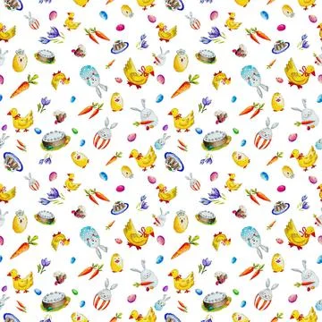 Watercolor Easter pattern with rabbits and ducks. Watercolor seamless East... Stockfoto's