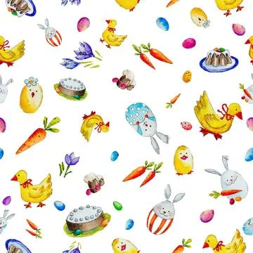 Watercolor Easter pattern with rabbits and ducks. Watercolor seamless East... Stock Photos