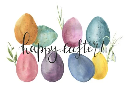 Watercolor easter print with colored eggs. Hand painted card with traditional Stock Illustration