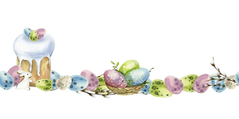 Watercolor Easter seamless border with Easter sweet bread, colorful eggs an.. Illustrazione stock