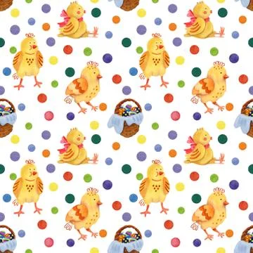 Watercolor Easter seamless pattern with cute little chickens. Stock Illustration