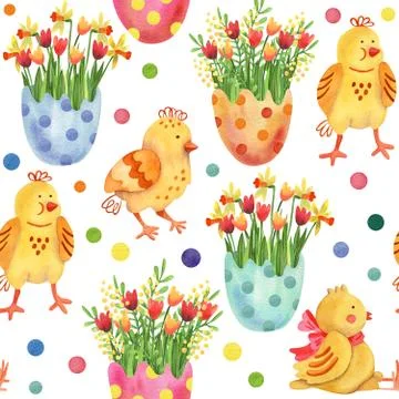 Watercolor Easter seamless pattern with cute little chickens and eggs. Illustrazione stock