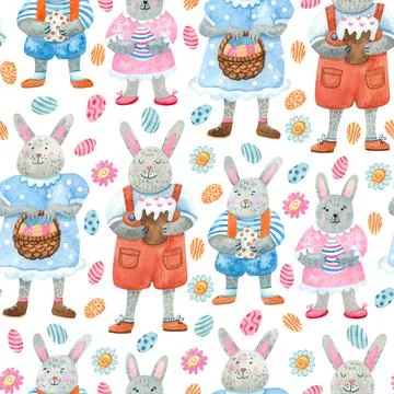 Watercolor Easter seamless pattern with rabbit families on white Stock Illustration