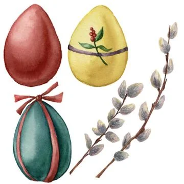 Watercolor Easter set with bright eggs and willow branch. Hand painted pussy Stock Illustration