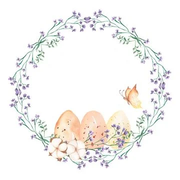 Watercolor Easter Set Clipart. Spring Florals, cotton, butterfly and Eggs W.. Stock Illustration