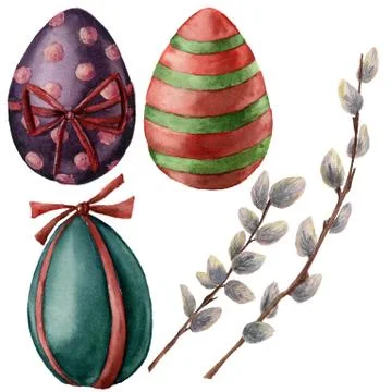 Watercolor Easter set with eggs and willow branch. Hand painted pussy willow and Stock Illustration