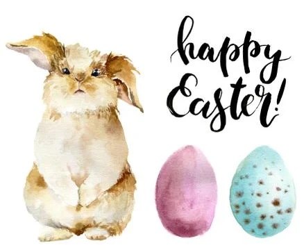 Watercolor easter set. Hand painted bunny, colored eggs and Happy Easter Stock Illustration
