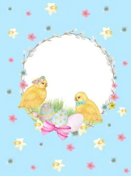 Watercolor Easter wreath on blue background. Greeting cards design, banners Stock Illustration