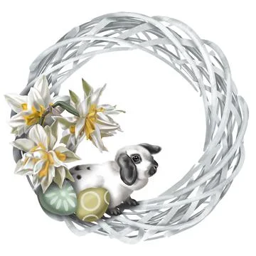 Watercolor Easter wreath. Frame with rabbit, Easter eggs and flowers 스톡 일러스트