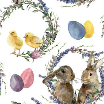 Watercolor easter wreath pattern. Hand painted rabbit, chicken with lavender Stock Illustration