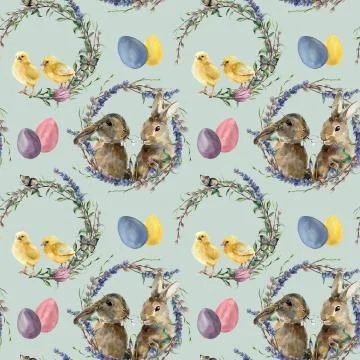 Watercolor easter wreath pattern with rabbit. Hand painted chicken with lavender Stock Illustration
