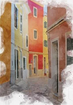 Watercolor effect image of brightly painted traditional houses on a cobbled Stock Illustration