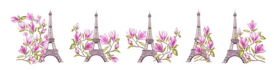 Watercolor elements of the Eiffel tower. Set magnolia flowers. Collection Illustrazione stock