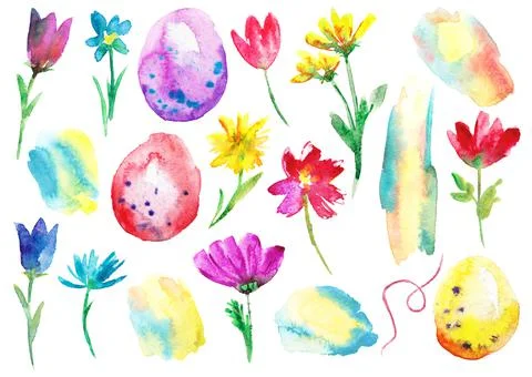 Watercolor elements set with easter eggs and meadow flowers Stockillustratie